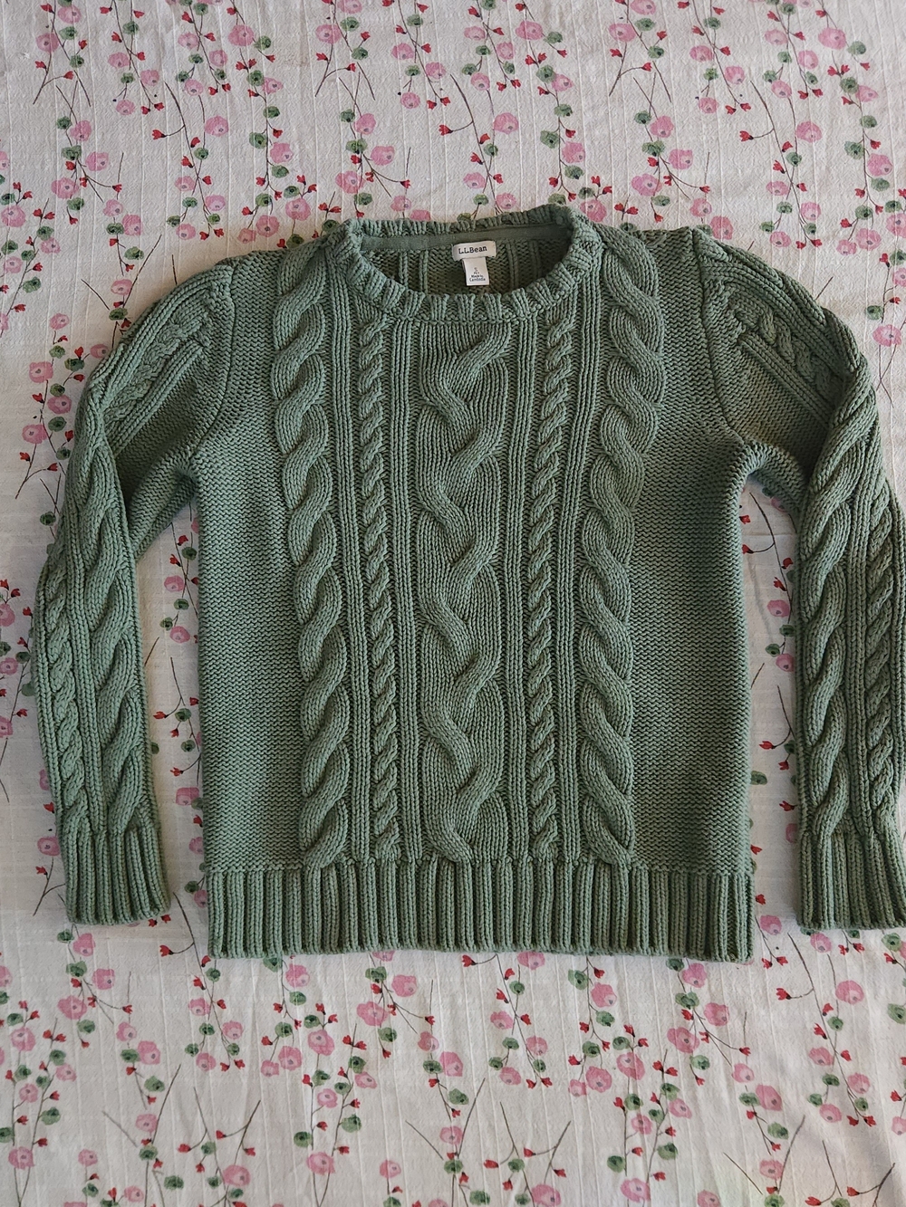 L.L. Bean Double L Cable Crewneck Sweater Sage Green Bay Leaf Cotton Size Small